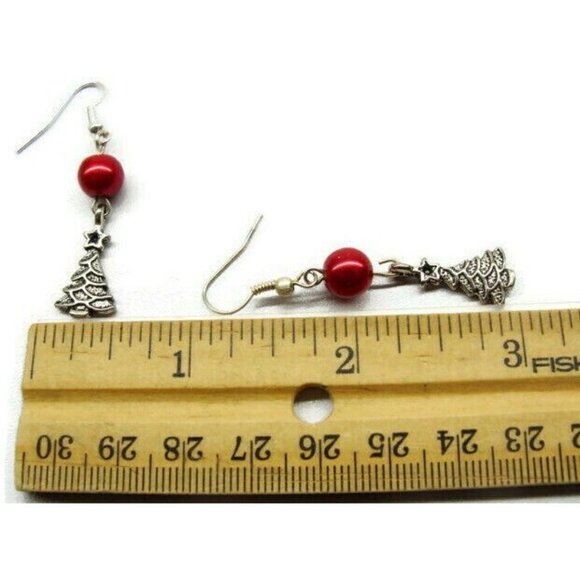 Christmas Tree Red Ball Silver Tone Vertical Drop Dangle Hook Earrings Womans - Picture 4 of 7